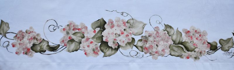 Lenzuolo matrimoniale bianco decorato con dipinto a mano - fiori di ortensie - tecnica a getto