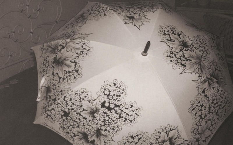 Ombrello decorato a mano in cotone - ortensie in bianco e nero - tecnica silhouette