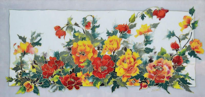 Seta dipinta a mano con tecnica serti - quadro con fiori