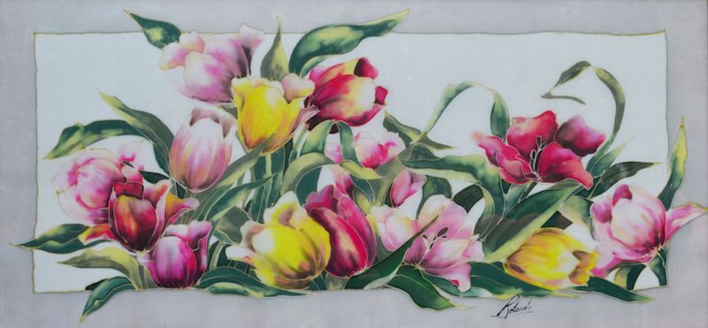 Seta dipinta a mano con tecnica serti - quadro tulipani