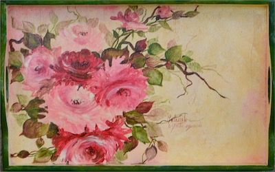 Vassoio di legno dipinto a mano con fiori di rosa