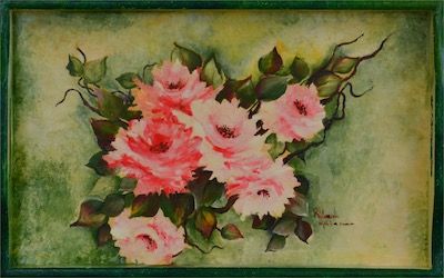 Vassoio in legno verde dipinto a mano con fiori di rosa